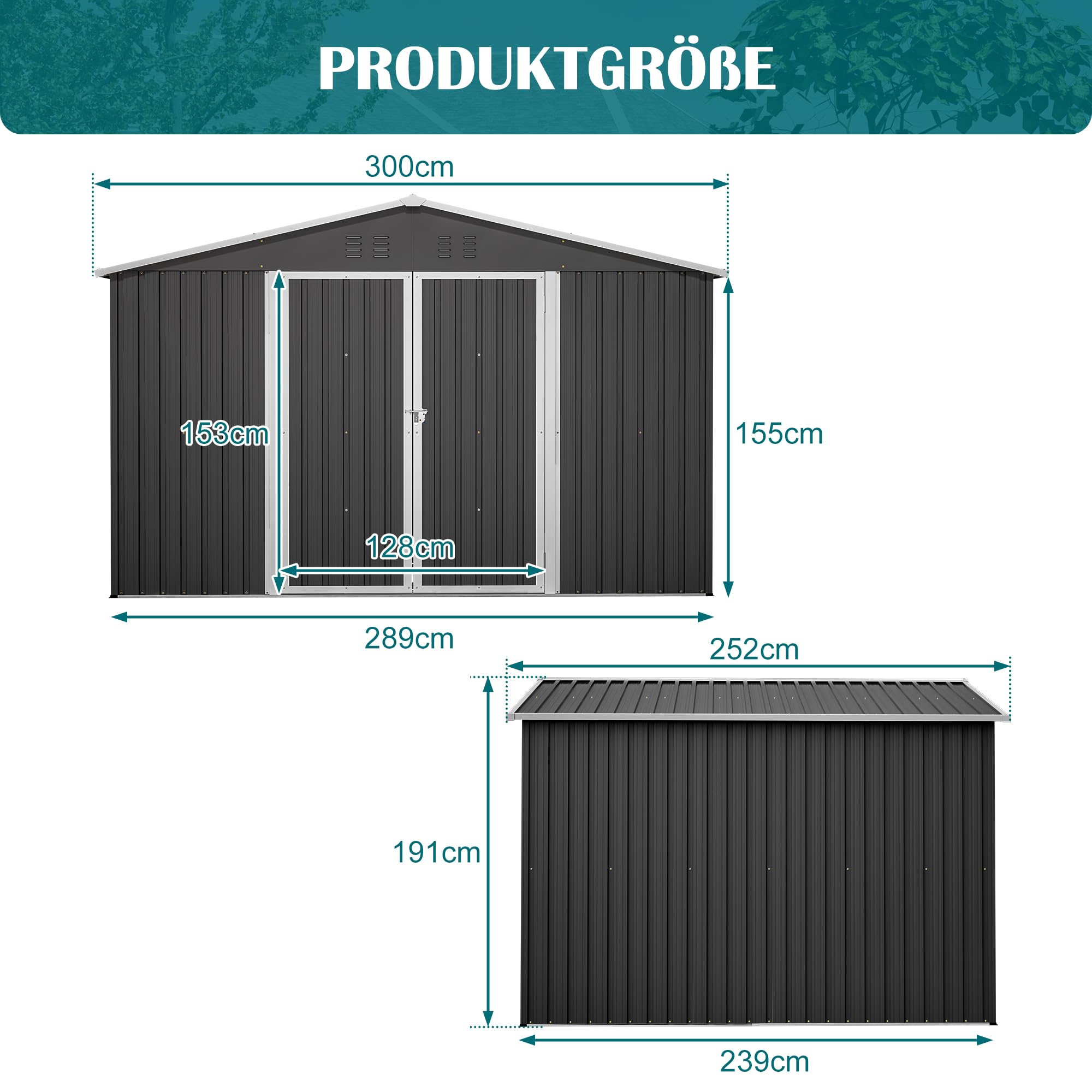 Duży metalowy domek ogrodowy, szopa na narzędzia, 300 x 252 x 191 cm, z dachem dwuspadowym i drzwiami przesuwnymi, odporna na warunki atmosferyczne szafka na narzędzia ogrodowe, rowery i meble