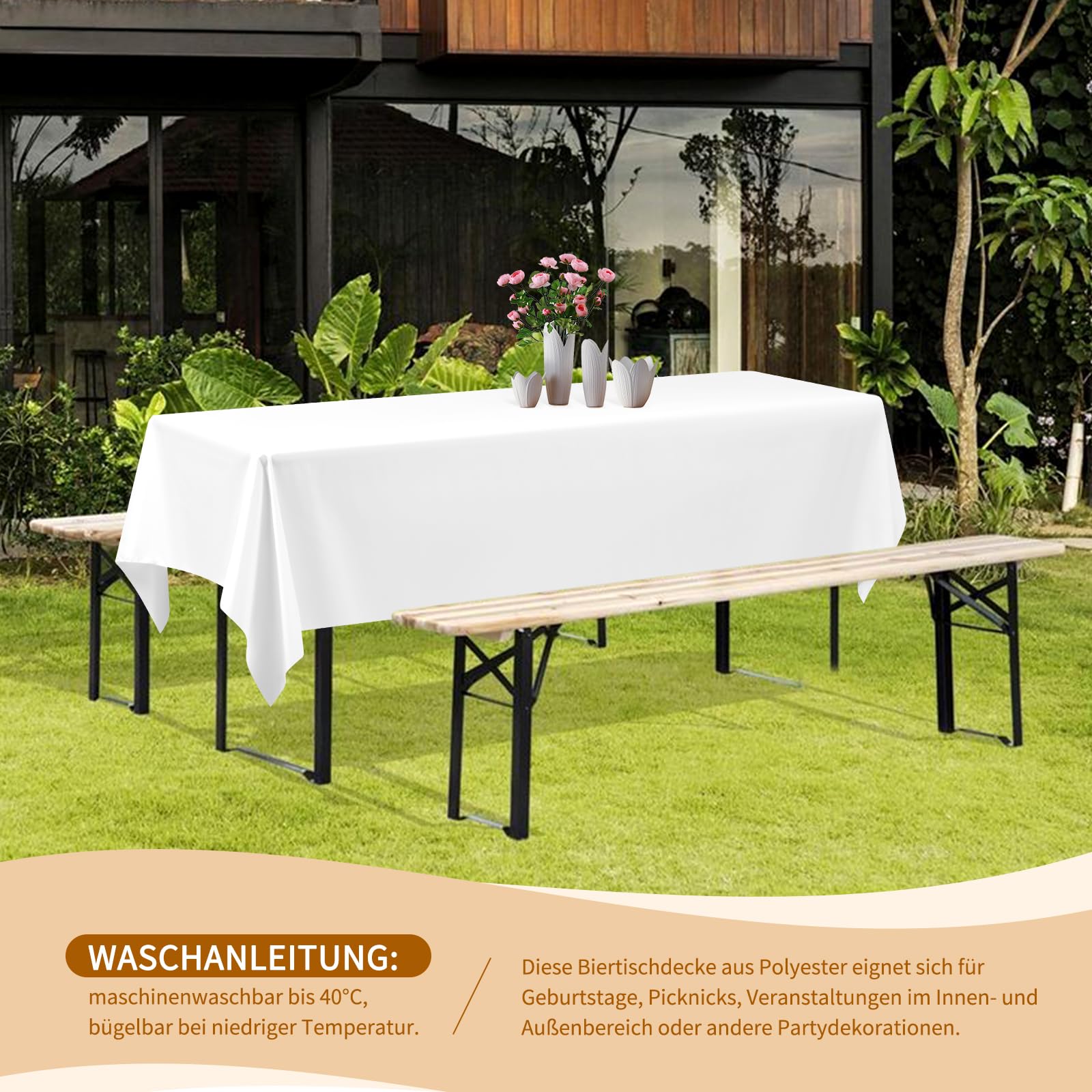 Lot de 4 nappes pour tente à bière, 260 x 110 cm, blanches, opaques, en polyester, lavables, pour banquet en plein air, blanches