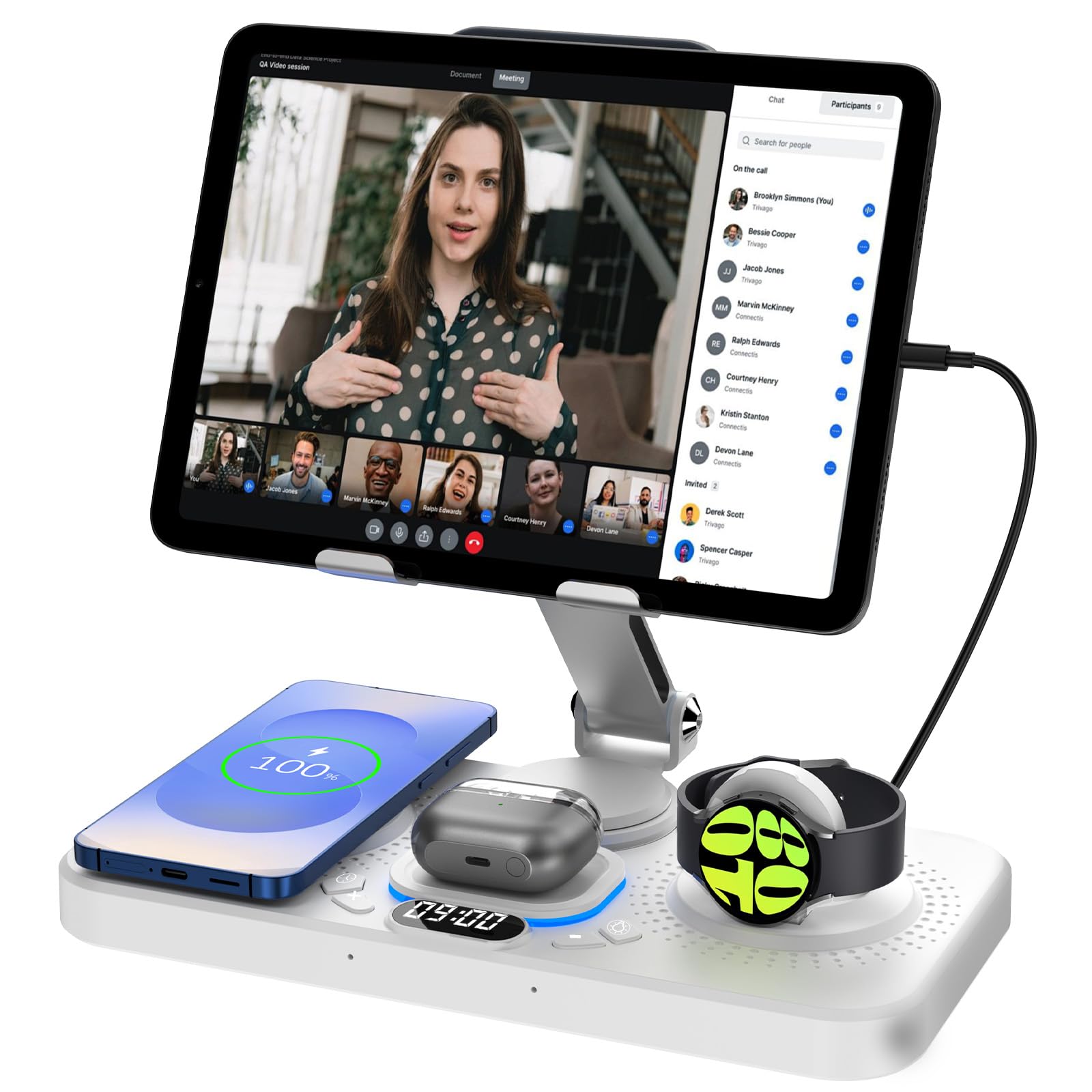 30W Magnetic Wireless Charger for Samsung, 6 in 1 Foldable Android Mag-Safe Charging Station for Tablet with Clock & 7 Color Light, Nightstand Charger for Galaxy S25 Ultra/Watch 8/Buds 3 Pro(White)