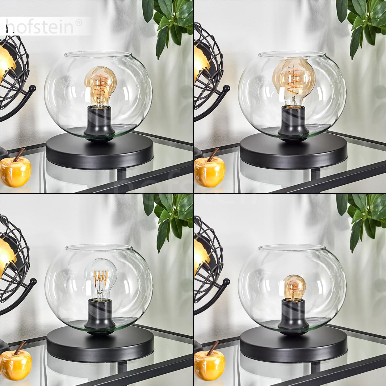 Tischleuchte Apedo, Tischlampe aus Metall/Glas in Schwarz/Klar, Leuchte im modernen Retro/Vintage-Design mit Schirm aus Glas (Ø 20 cm) u. An/-Auschalter am Kabel, 1 x E27, ohne Leuchtmittel
