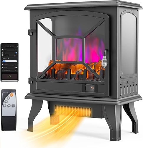 ROVSUN Estufa eléctrica de chimenea, calentador independiente de 23 pulgadas de alto con efecto de llama realista, aplicación y control remoto,