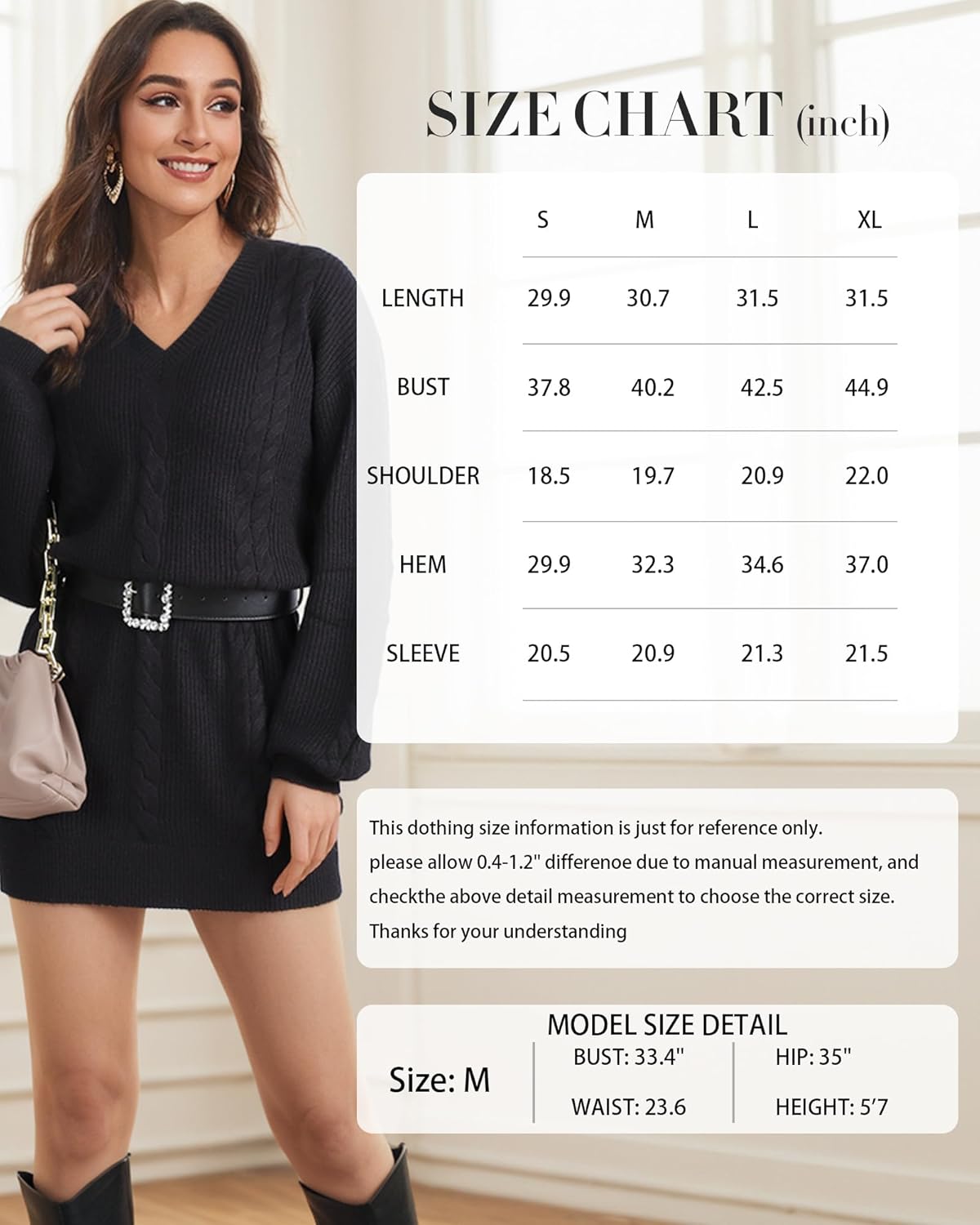 Women's Pullovers Jumper Sweaters Lantern Sleeve Casual V Neck Fall Knit Mini Sweater Dresses - Image 5