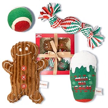 PETONOIA Christmas Dog Toys, Plush Squeaky Toys, Squeaky Dog Toys, Christmas Rope Toy with Squeaker Ball Inside, Red Training Tennis Ball, Christmas Interactive Toys Box Gifts for Dog 4pack Set