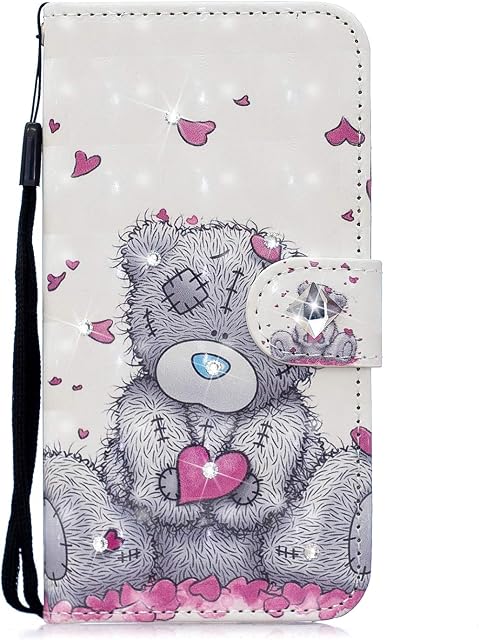 Huawei P Smart 2019/ Honor 10 Lite Case Flip Glitter 3D Gems Shockproof Wallet Phone Cases Folio Leather Slim Fit Magnetic Protective Cover Bumper TPU with Stand Card Holder ID Slots Love Heart Bear