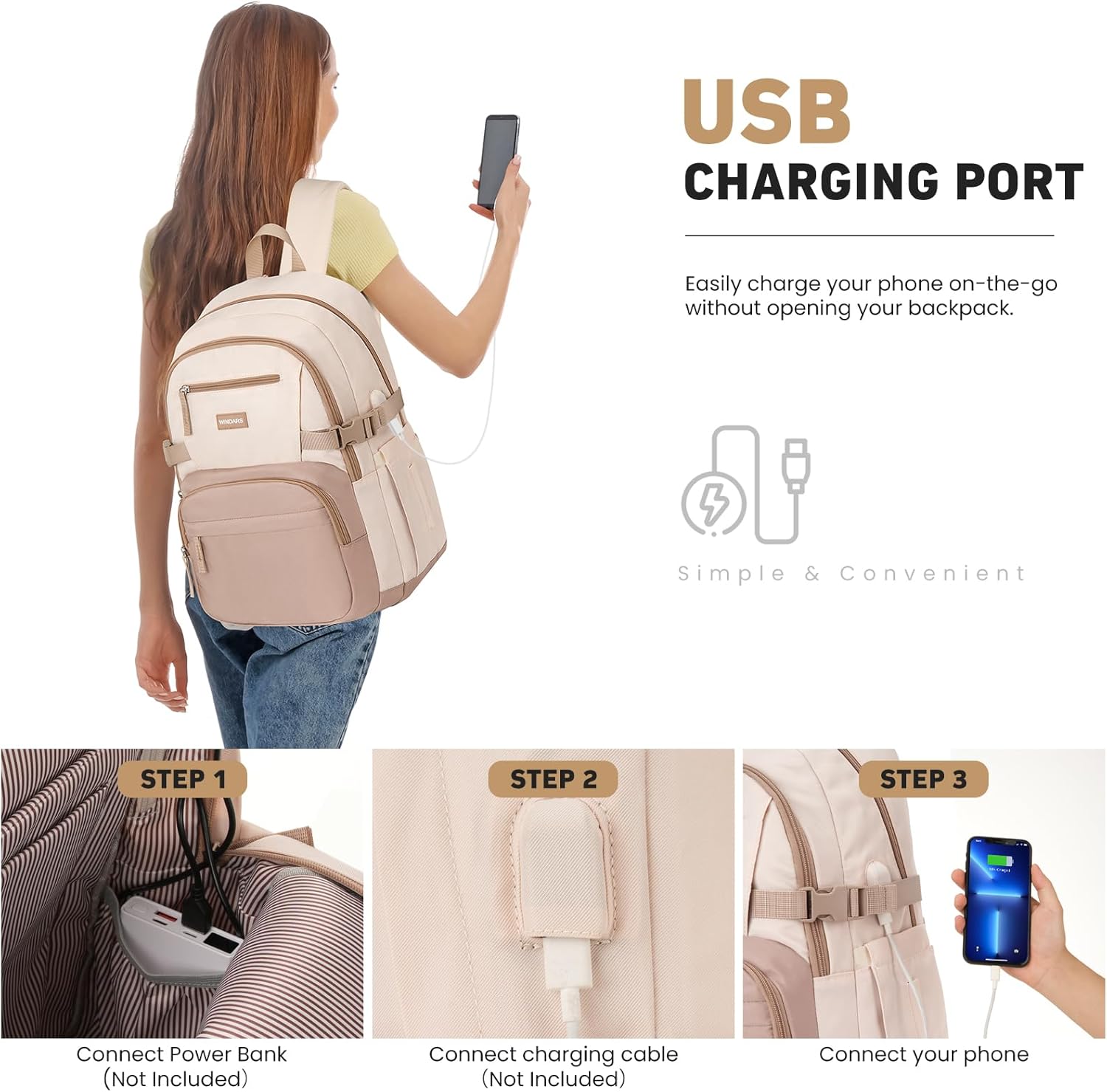 WINDARS Backpack for School Girls, Cute High School Backpacks for Teens Women Student Large Bookbag 15.6 Inch Laptop Bag with USB Charger Port for College Work Travel Trip (Beige Khaki) - Image 6