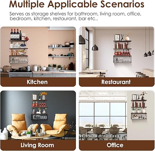 Miniatura 7 de Juego de 3 estantes flotantes con cesta de almacenamiento de alambre, estantes de pared de madera para dormitorio, baño, cocina, sala de estar,