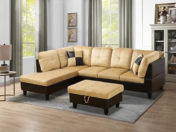 Living Room Furniture Sets L-Shape Sofa Couch with Chaise Lounge Modern Fabric Upholstery Sectional Couch with Storage Ottoman & 2 Toss Pillows Microfiber Beige and Brown, Left Hand Facing