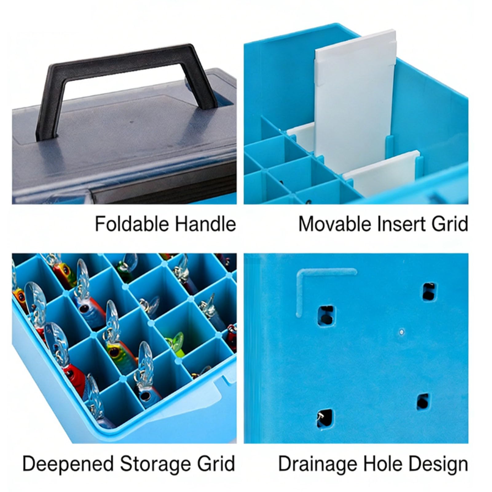 Boîte à appâts de pêche Portable Bleue - Organisateur de Rangement à Compartiments réglables pour pêcheurs en Eau Douce/salée