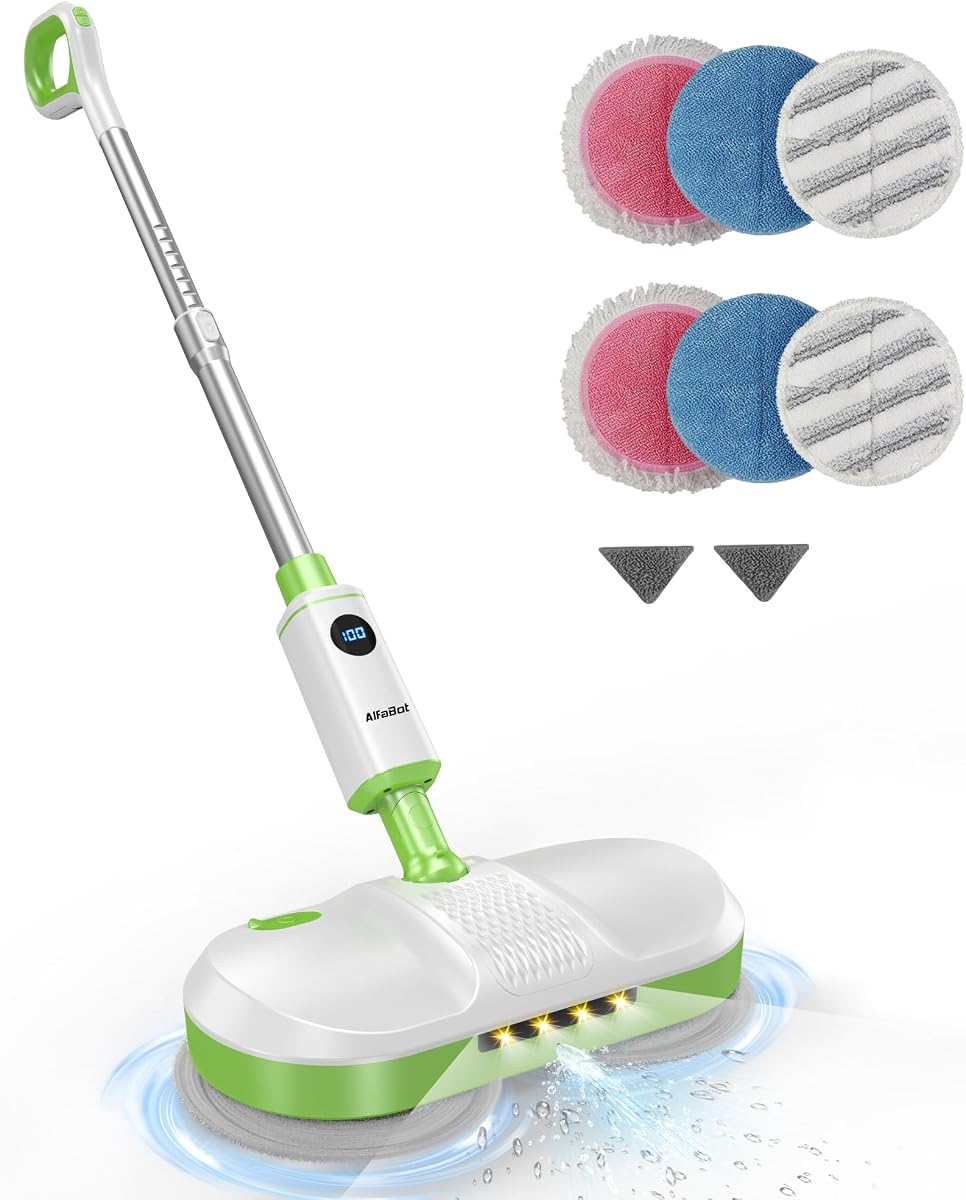 Trapeador eléctrico inalámbrico, limpiador de pisos con trapeador eléctrico con faro LED y rociador de agua, hasta 60 minutos, autopropulsado con tanque de agua grande para múltiples superficies