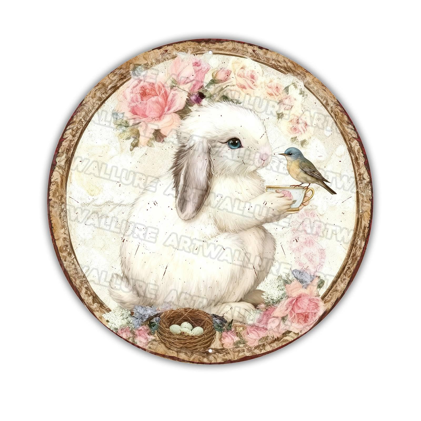 Bunny Wreath Metal Sign Round Easter Design Farmhouse Welcome Decor Rustic Spring Wall Art For Front Door Entryway 8x8Inch