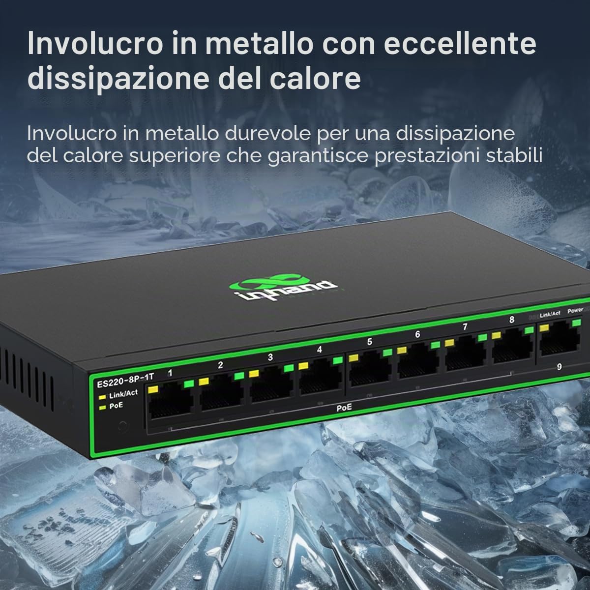 InHand Networks Switch di rete Gigabit,9 Porte Gigabit Porte con 8 PoE+ fino a 120W,ogni porta fino a 30 W,Plug & Play,scatola in metallo ad alta dissipazione del calore con spina di alimentazione EU