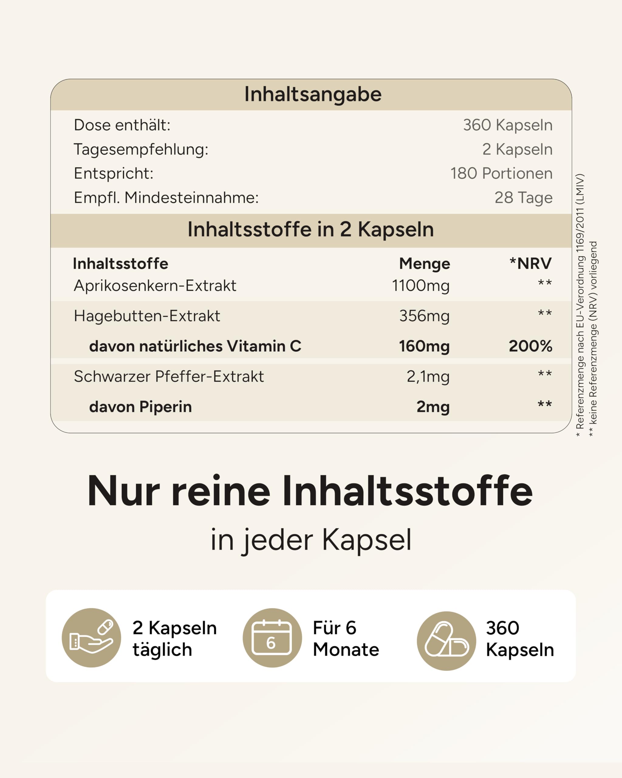 360 Aprikosenkerne Kapseln mit 1100mg Aprikosenkern-Extrakt pro Tag (2 Kapseln) - enthält natürlicherweise unstandardisiertes Vitamin B17 + pflanzliches Vitamin C aus Hagebutte - 6 Monatsvorrat