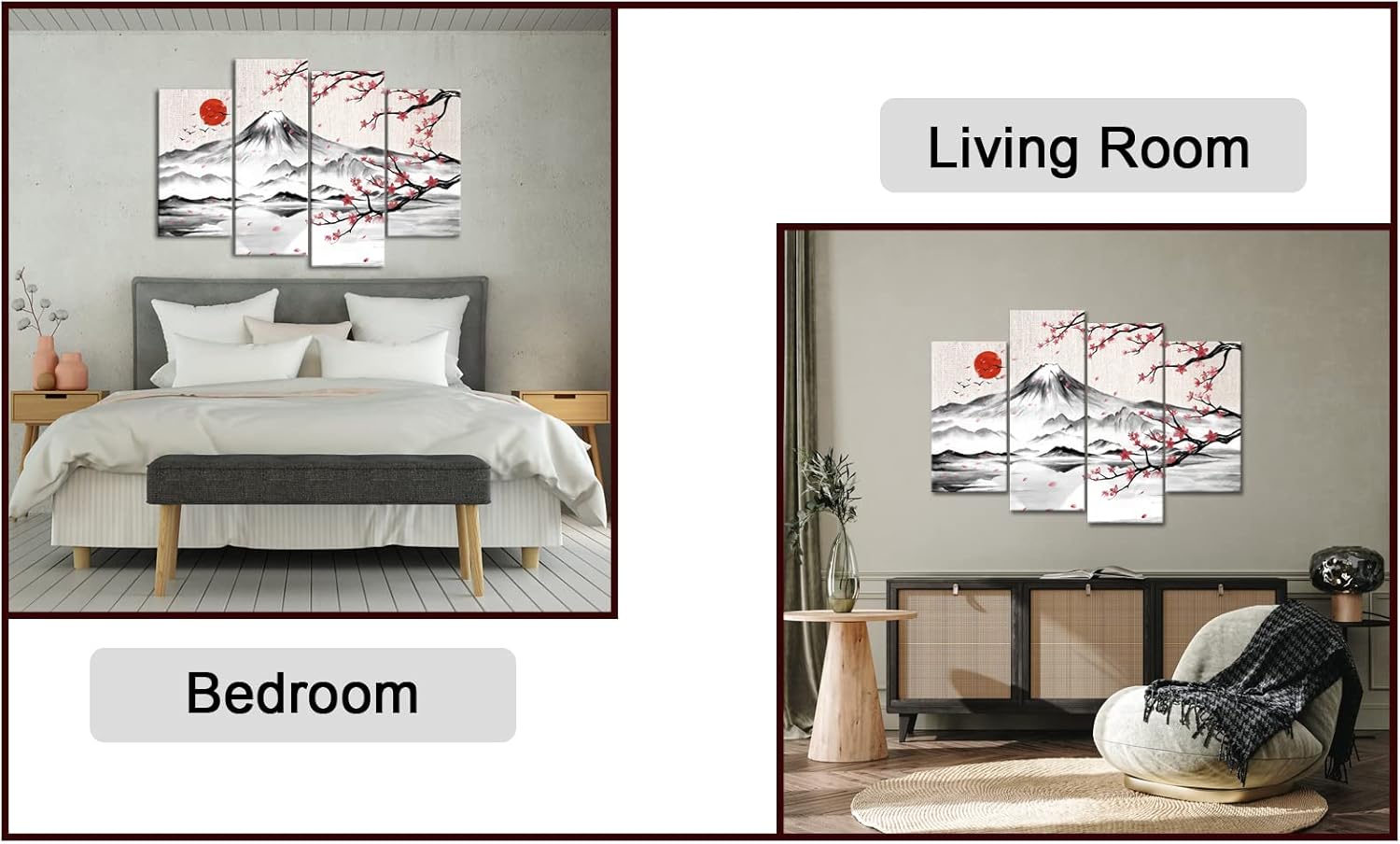 LyerArtork 4 Panel Japanese Ink Painting Wall Art Mount Fuji with Moon Pictures Wall Decor Cherry Blossom Canvas Print Japan Traditional Artwork for Living Room Bedroom Decoration