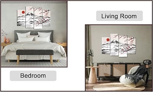 Miniatura 8 de LyerArtork Pintura de tinta japonesa de 4 paneles, arte de pared Fuji con luna, decoración de pared, flor de cerezo, lienzo impreso japonés