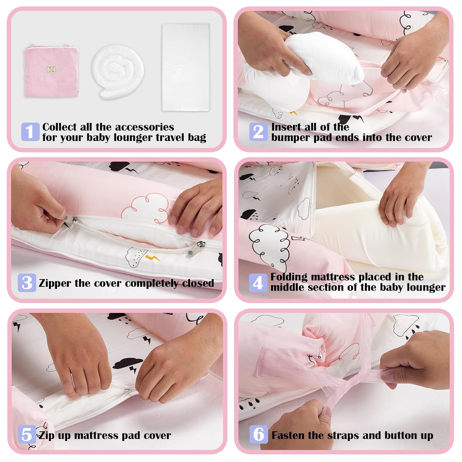 Baby Lounger for Newborns & Infants 0–24 Months, 100% Cotton Breathable Infant Support Cushion with Adjustable Size, Portable Baby Nest for Home and Travel, Baby Shower Gift (Rain Cloud) - Image 8