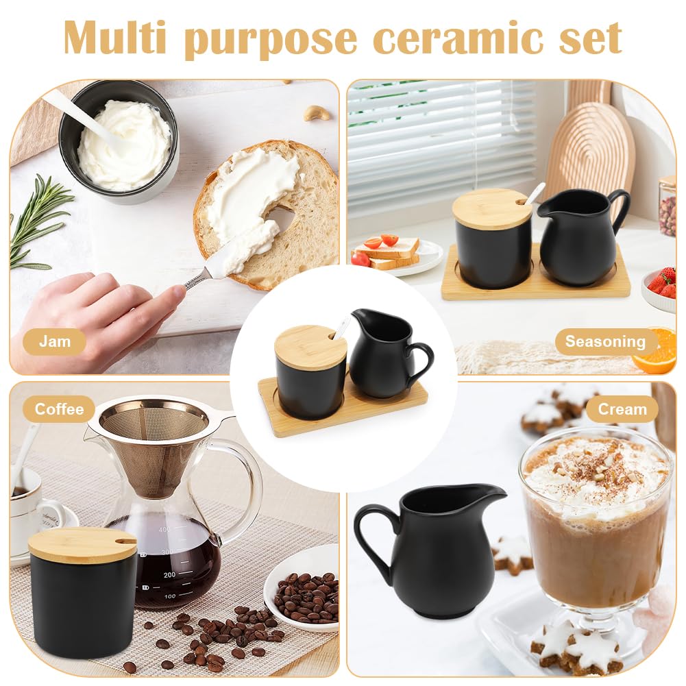 Set latte e zucchero con coperchio e cucchiaio, brocca per latte in ceramica con vassoio in legno, brocca per latte in ceramica nera e zuccheriera con vassoio in legno, adatto al microonde e