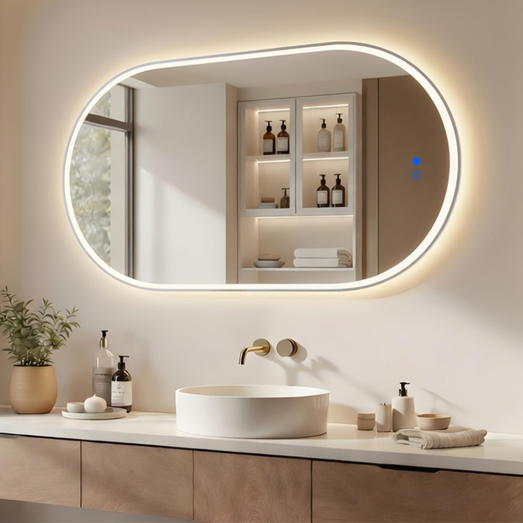 A ARTFORMA Specchio Bagno Moderno LED Ovale 50x100 cm - Specchio Bagno con Luce LED | Anti-Appannamento | Comando Touch | Specchio moderno da parete - Argento Spazzolato | Controllo Touch, Doppia Illuminazione, IP44, Design Moderno - Argento Spazzolato