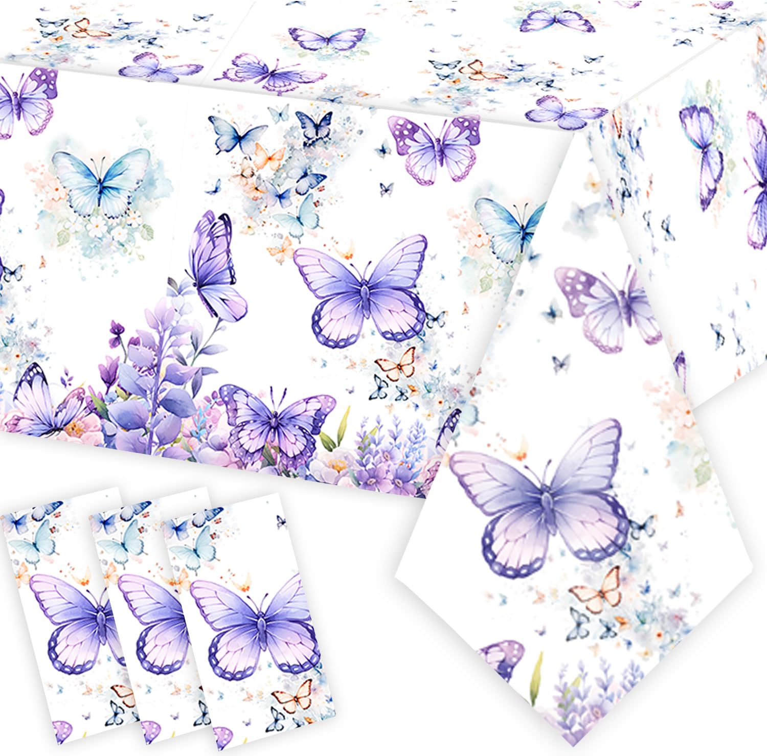 Letromp 3 Pcs Butterfly Birthday Tablecloth Watercolor Purple Butterfly Table Covers for Spring Butterfly Theme Girls Baby Shower 1st 2nd 3rd 4th Bday