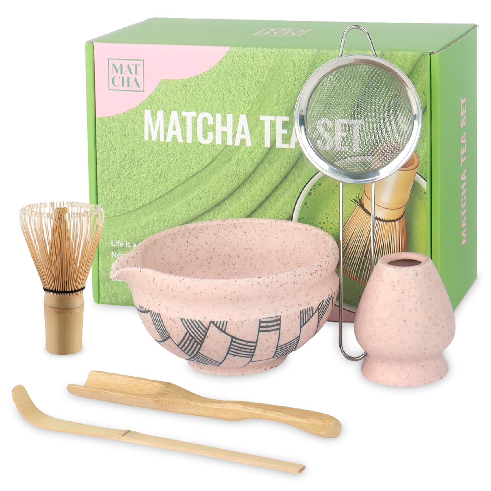 Coffret matcha rose de 6 pièces avec bol géométrique pour cadeau de cérémonie