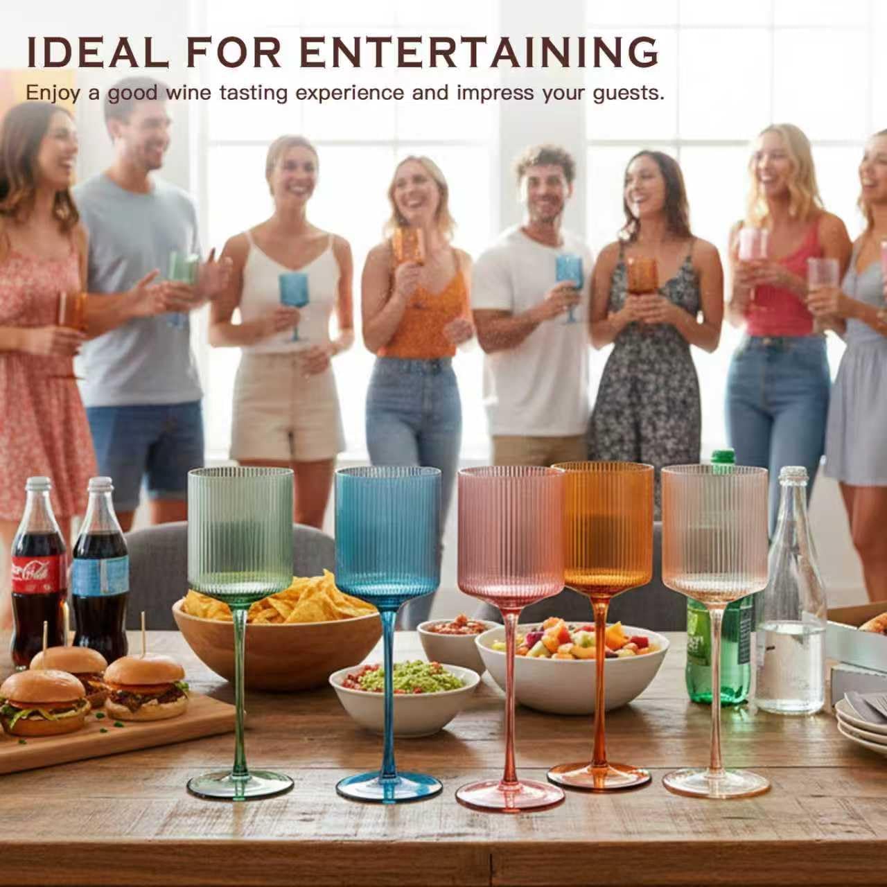 Colored Square Wine Glasses Set of 6, Elegant Ribbed Design Colorful Crystal Glassware with Long Stem, 11.5oz Hand Blown Stemware For Red & White Wine Home Bar Party- Multicolour - Image 7