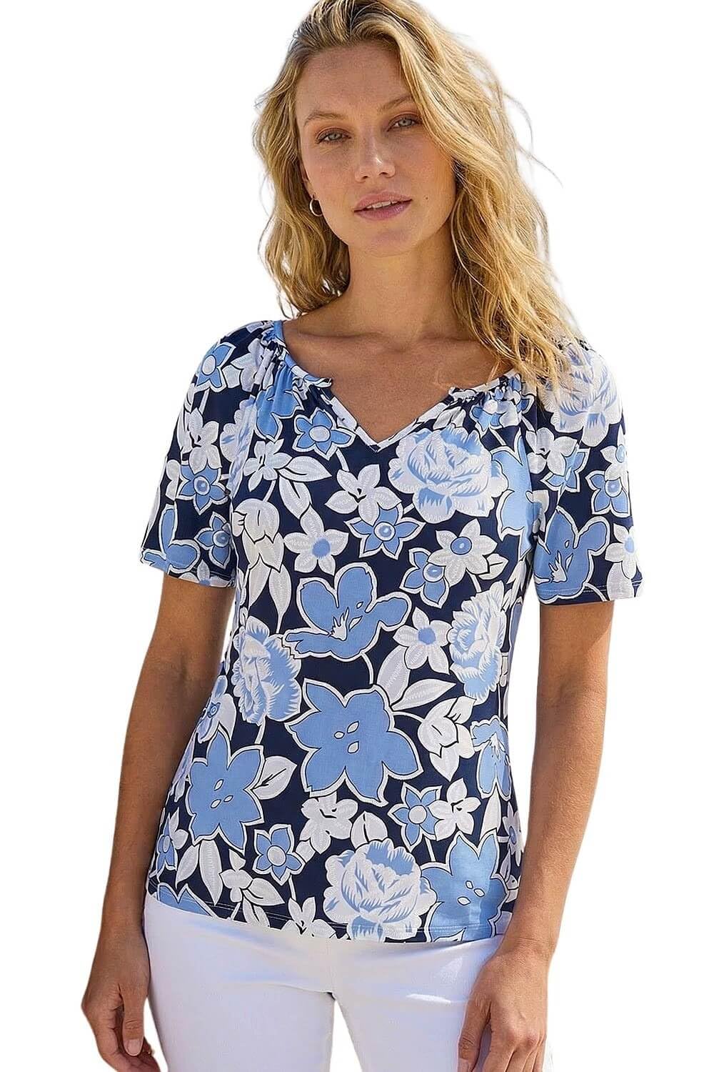 Roman Women's Floral Puff Print V-Neck Top in Blue | Size: 14
