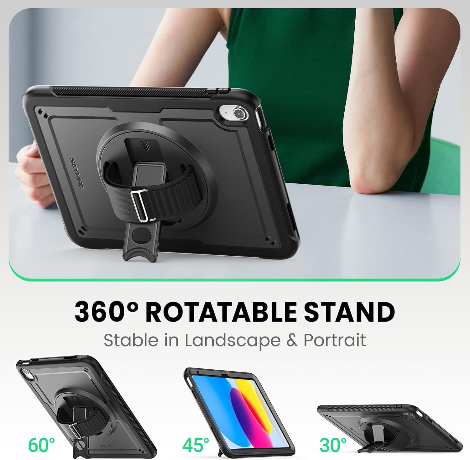 SEYMAC for iPad (A16) 11th/10th Generation Case 2025/2022 (11″/10.9″), Full-Body Shockproof Protective Case with Screen Protector, Rotating Stand, Hand/Shoulder Strap, Black