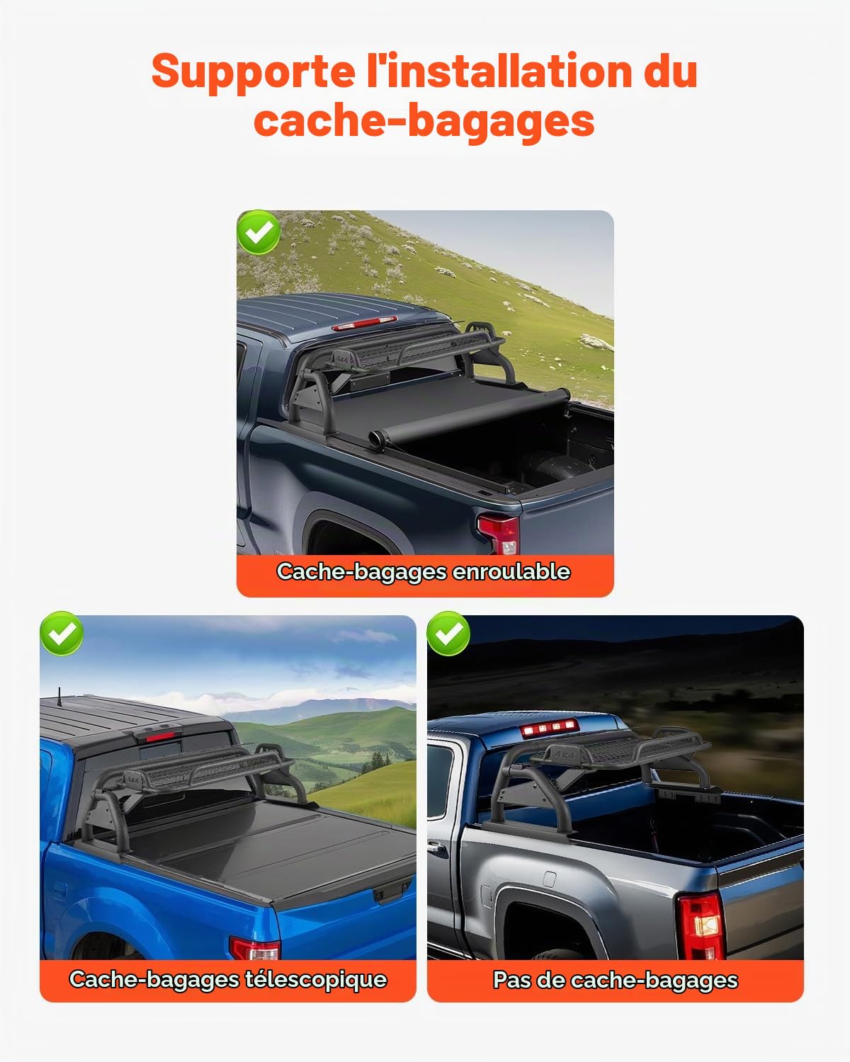 VEVOR Arceau de Sécurité Arrière pour Pick-up, Barre de Benne Réglable Universel, Compatible avec Pickup Pleine Grandeur, en Acier au Carbone, avec Plateau Porte-bagages et Support pour Éclairage