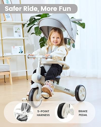 Miniatura 7 de Triciclo para bebé, 7 en 1 multifuncional para niños con mango ajustable para padres, arnés de seguridad y frenos de rueda, toldo extraíble,