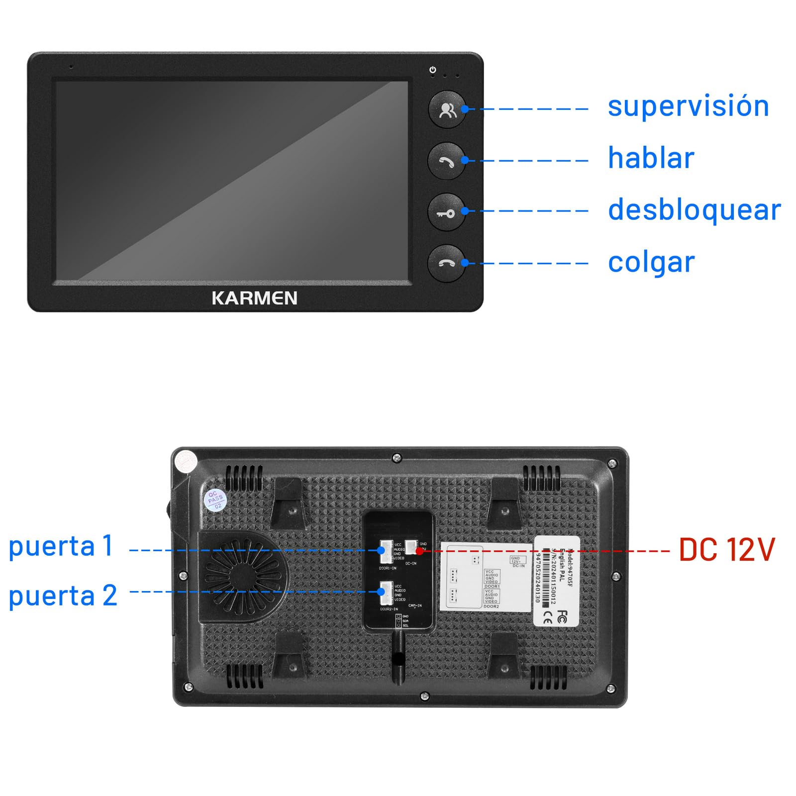 Karmen Portero con vídeo de 7 Pulgadas, Timbre de Metal, visión Nocturna infrarroja, Impermeable IP65, 16 Tonos, Control Remoto, Negro