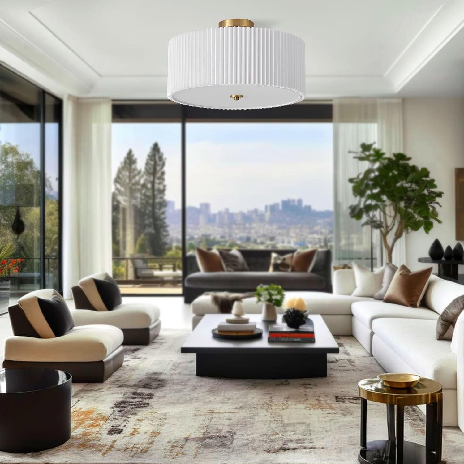Semi Flush Mount Ceiling Light,17.7"Modern Close to Ceiling Light Fixture With White Fabric Shade, Light Fixtures Ceiling Mount Bedroom Ceiling Light for Bedroom Foyer Kitchen Living Room(Gold)