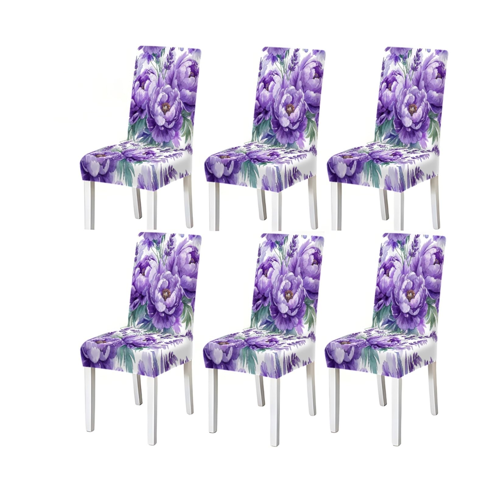 KXUAUV Elegant Watercolor Purple Peony Lavender Print Stretch Dining Chair Covers, 2/4/6 PCS For Home Kitchen Party Seat Protectors for Restaurant Hotel Party(6PCSChair cover)