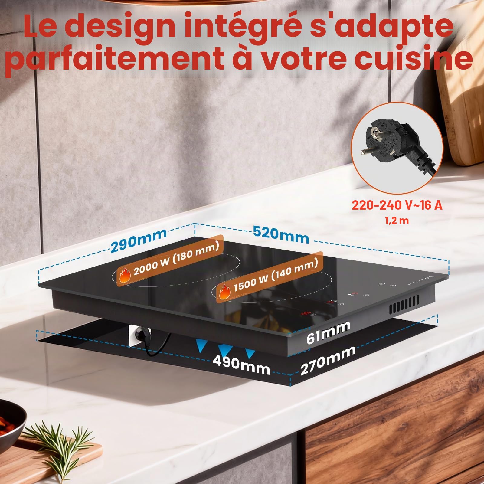 NOXTON Plaque Induction 2 Feux 30 cm 3500W avec Prise VDE, Commande Tactile, Minuterie 220-240V