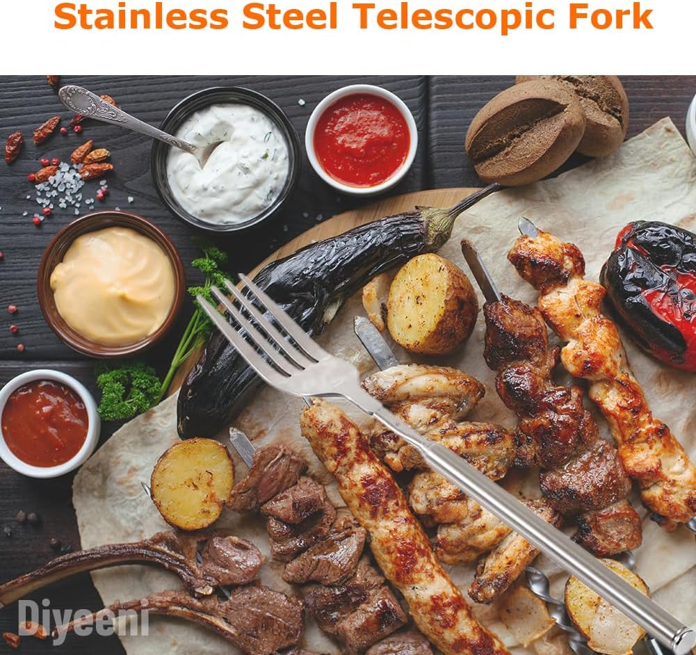 Stainless Steel Dinner Fork,BBQ Telescopic Extendable Dinner Fruit Dessert Long Handle Fork Stainless Steel Cutlery,anti sturdy and