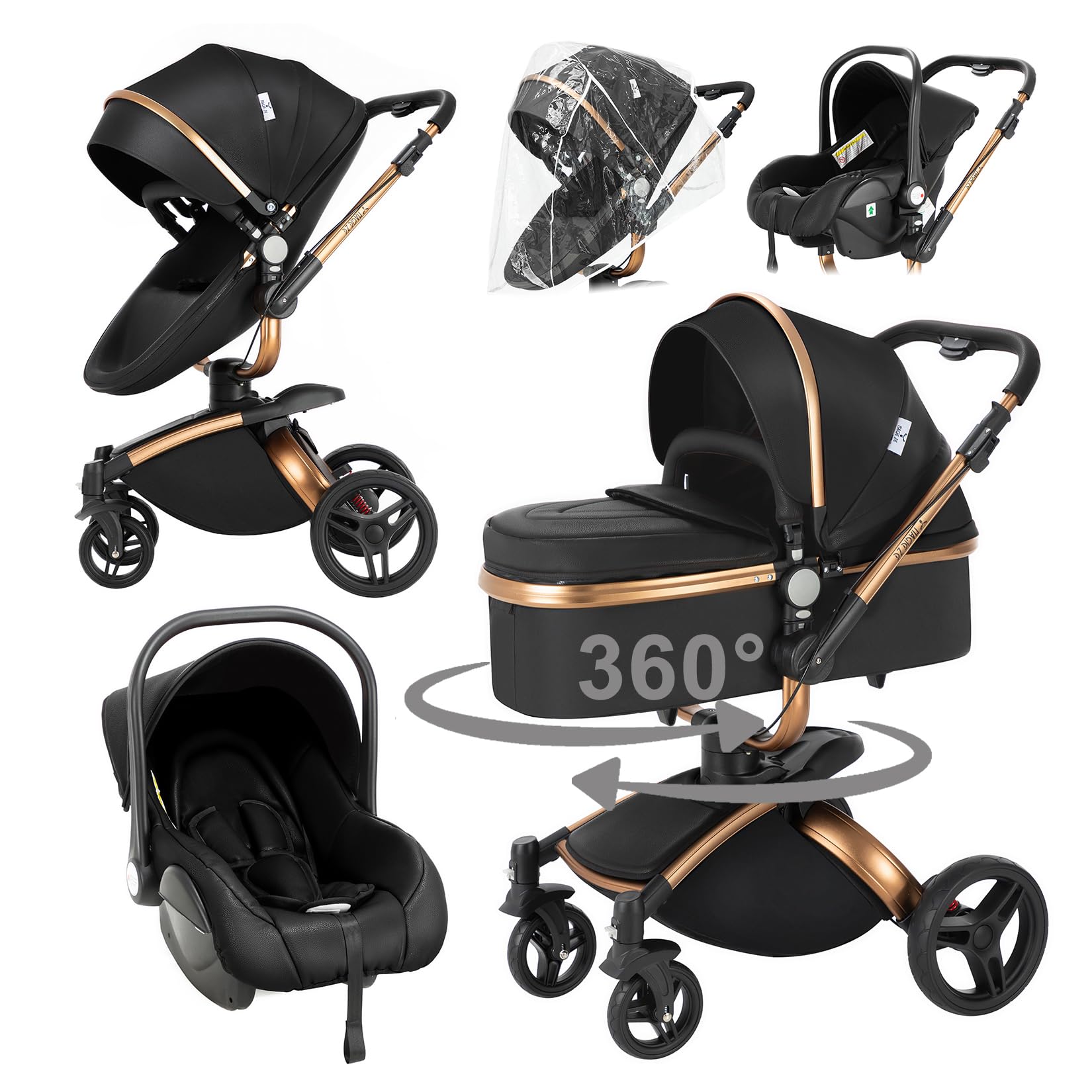 Magic ZC 360° Girevole Pelle PU Passeggino Trio, Passeggino 3 in 1 con Reversibile a Due Vie, Trio Passeggini Neonati con Accessori, Carrozzina per Neonati con Portatile Pieghevole Un Clic (906 Black)