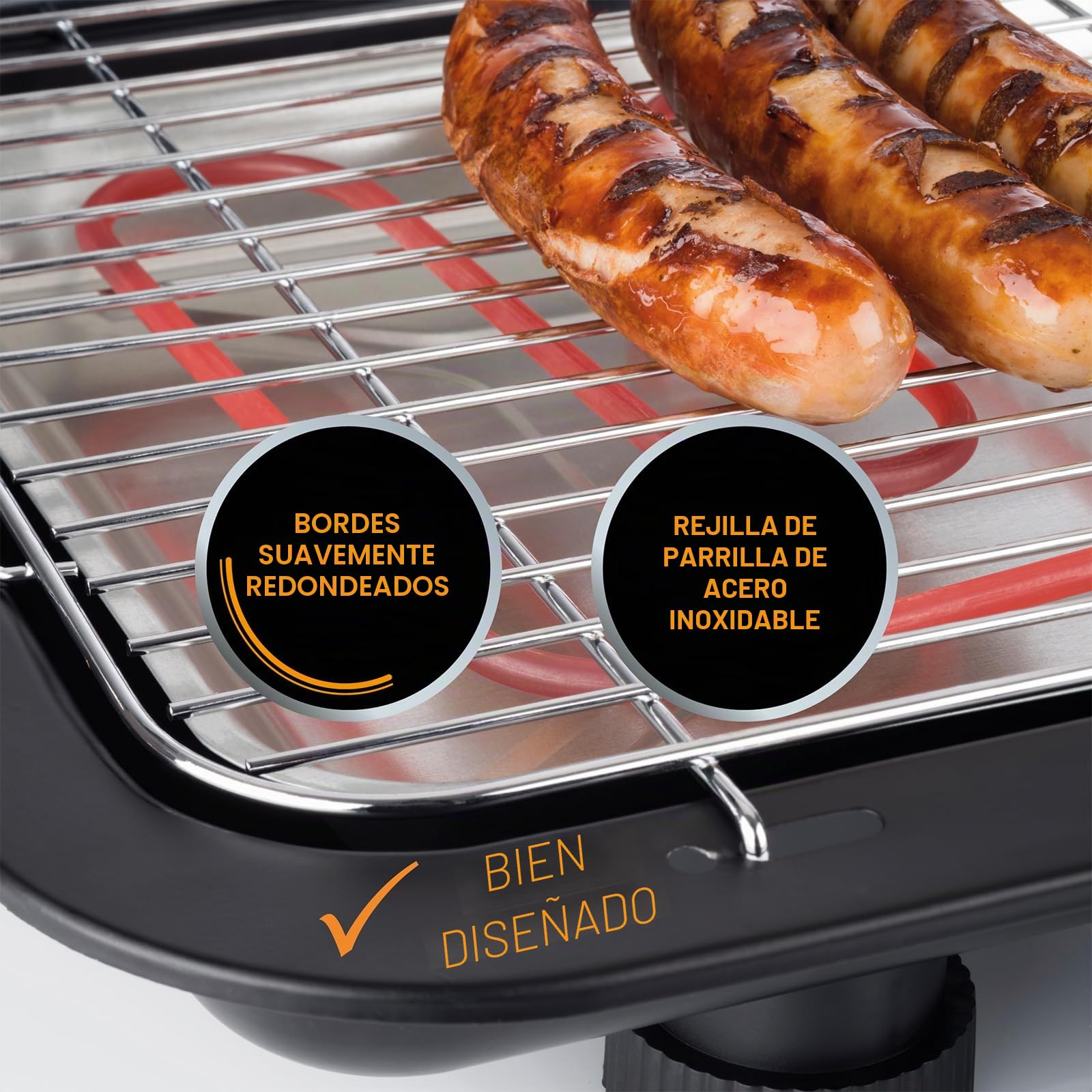 Korona 46221 Parrilla eléctrica de pie con parrilla XXL (51 x 30 cm) / 2200 W/cortavientos/luz indicadora/interruptor de seguridad/ajuste de temperatura continuo
