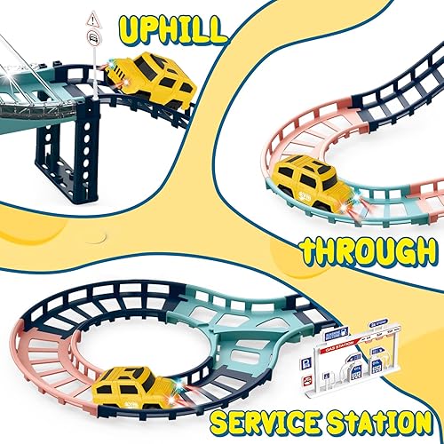 Miniatura 4 de PIXATA Juego de pista de juguetes para niños pequeños, juegos de pista de carreras de autos con luz de sonido, juego de pista de coche eléctrico