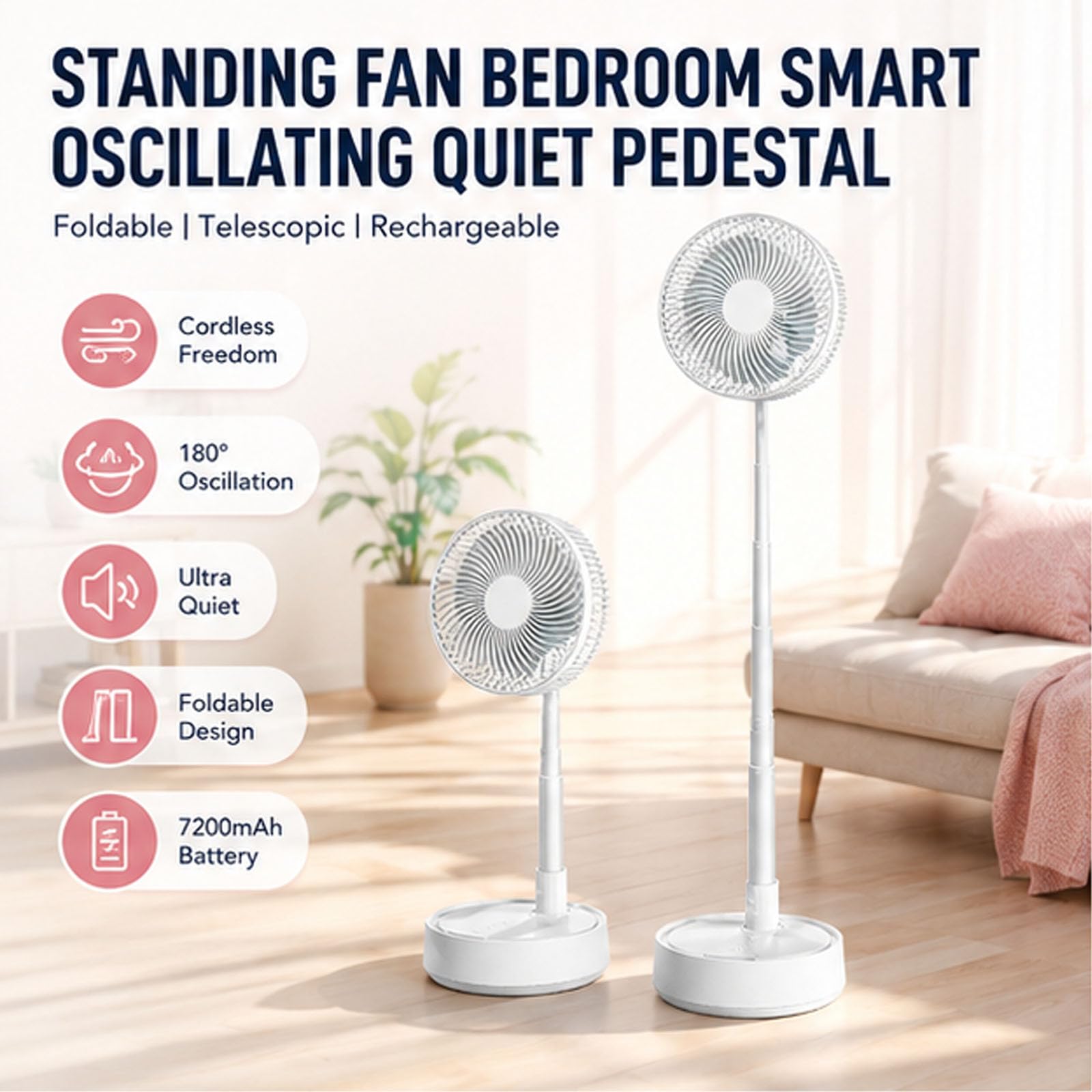 Ventilatore da terra pieghevole con telecomando, oscillante a 180°, 4 velocità, 7200 mAh, ricaricabile, ventilatore telescopico da pavimento e scrivania per casa, stanza, ufficio