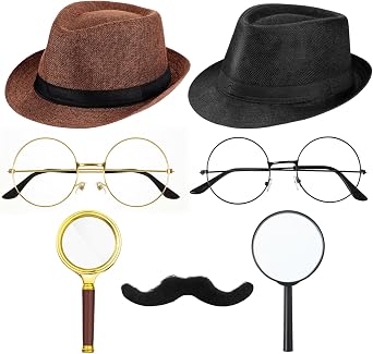 Jeyiour 8 Pcs Detective Costume Accessories for Adults Women Men Detective Hat Kit Outfit for Halloween Cosplay Party Decoration
