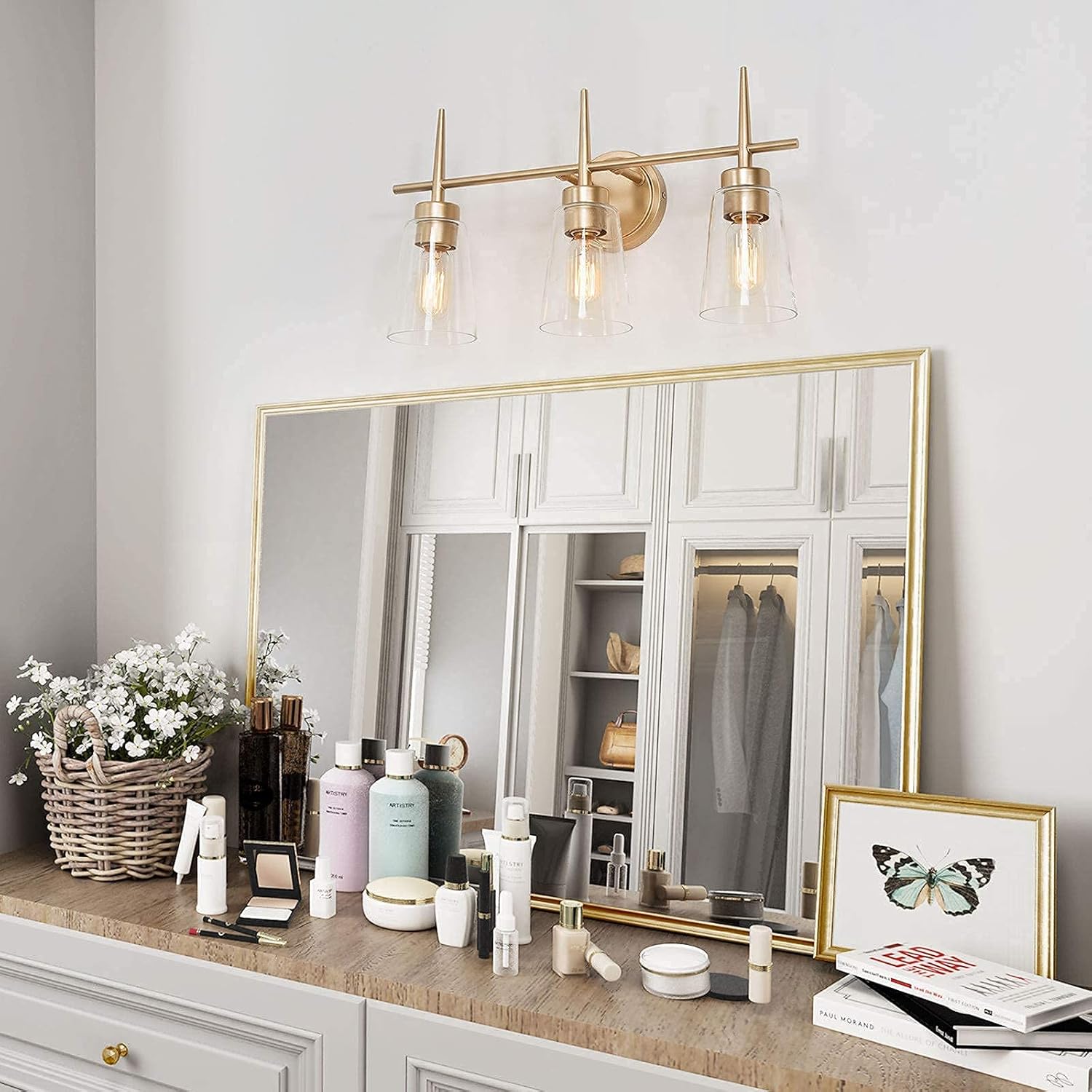 classy leaves Bathroom Light Fixtures, 3-Light Bathroom Vanity Light, Gold Bathroom Light Fixtures with Clear Glass Shades for Makeup Dressing Table (20’’ L x 6’’ W x 11.5’’ H)