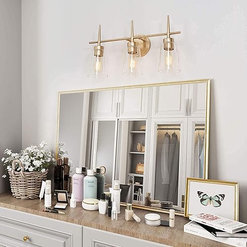 Miniatura 4 de Lámparas de baño, 3 luces, lámparas de baño doradas con pantallas de vidrio transparente para tocador de maquillaje (20 pulgadas de largo x 6