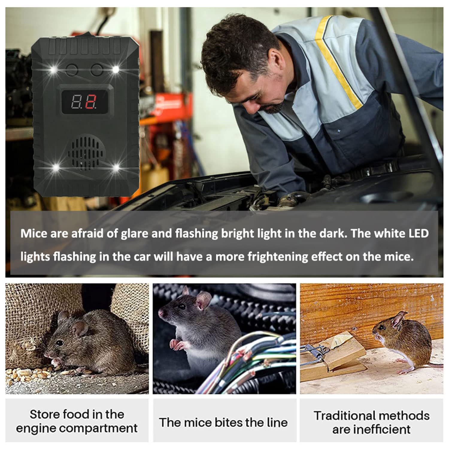 Ultrasonic Mouse Repeller,Rodent Deterrent,LED Strobe Lights,Vehicle Ultrasonic,battery operated Mice Repeller - Image 8