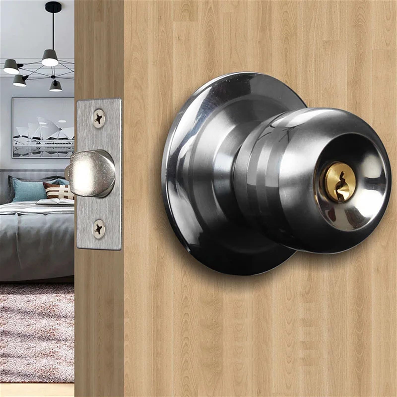Cerradura de puerta de baño Interior de bola, cerradura cilíndrica, manija de puerta redonda, cerradura de puerta de casa, cerradura de muebles de baño de dormitorio de Hotel, 1 Uds.(Center distance 7