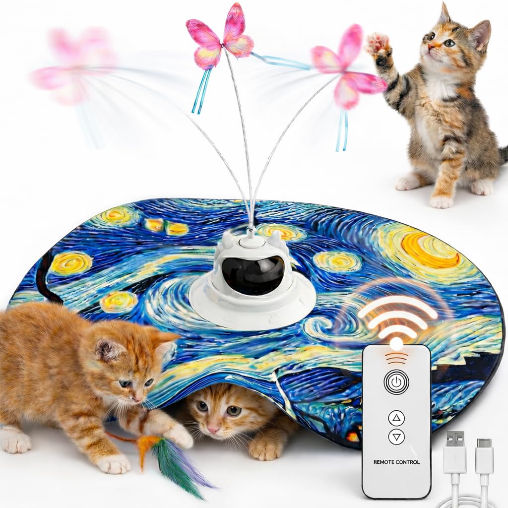 HooBest Giocattolo interattivo automatico per gatti, ricaricabile, con sensore tattile, farfalla, bacchetta di piume e nascondino, rotazione casuale a 360°, motivo notte stellata con telecomando