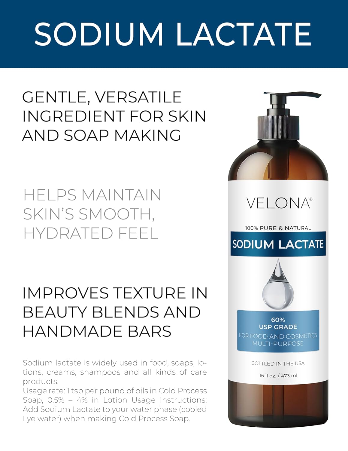 velona Sodium Lactate 60% - 8 Fl Oz | USP Grade Natural Preservative | For Soap Making & Lotions | Harder Bar of Soap, pH Regulator, Glycerin substitute, Provides and Keep Moisture