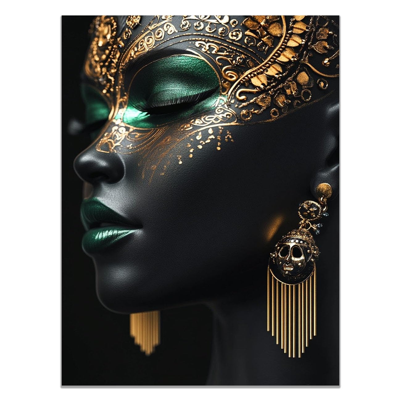 QUSAAOU Fashion Portrait Canvas Wall Art Woman with Golden Mask and Green Makeup For Living Room Bedroom African American Decor For Home Afro Woman Poster And Prints(Black)-80x120cm Unframed