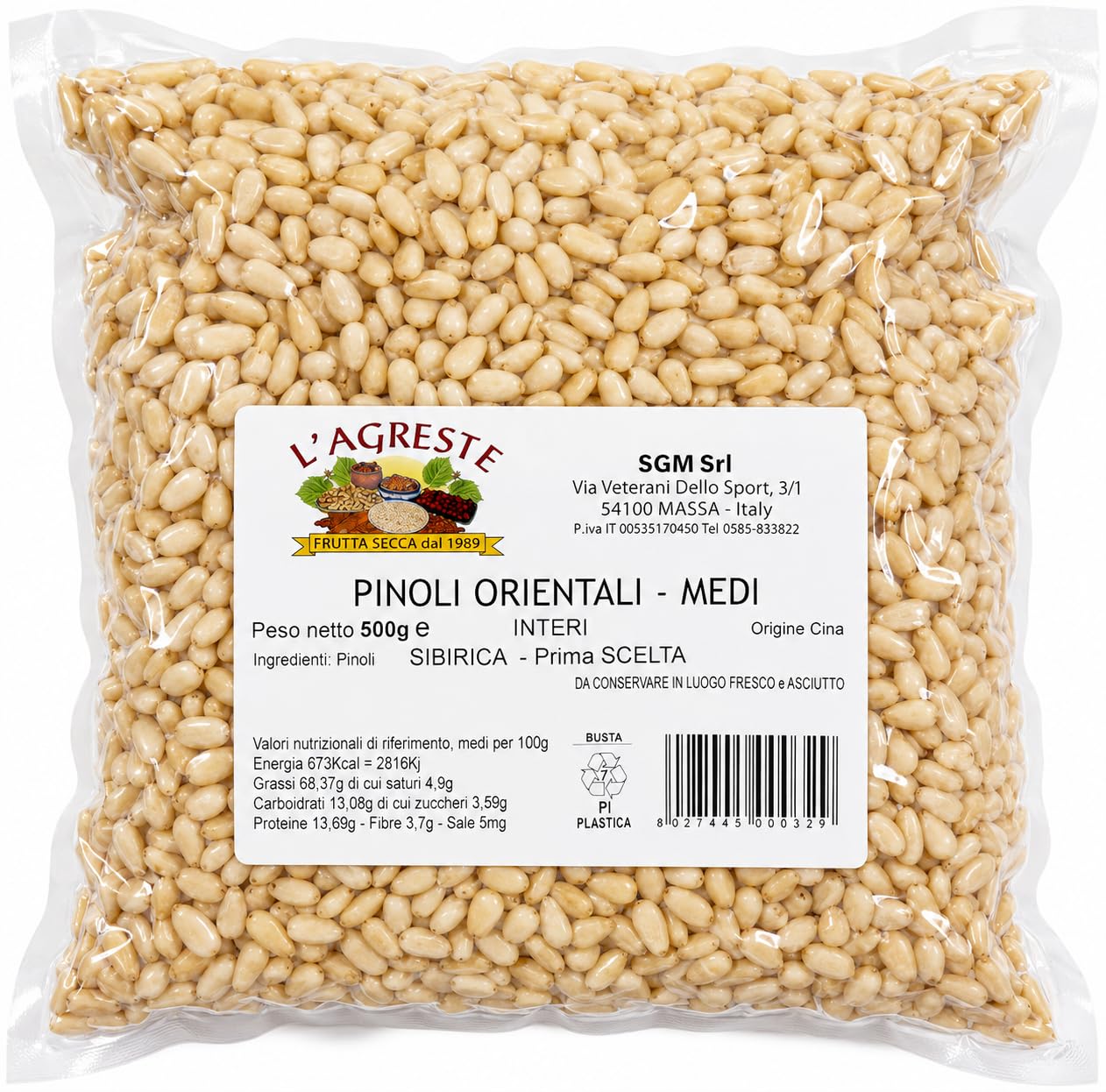 L'AGRESTE - L'AGRESTE PINOLI ORIENTALI CRUDI 500G | PINOLI NATURALI DI PRIMA SCELTA | IDEALI PER PESTO, DOLCI E CUCINA MEDITERRANEA | FRUTTA SECCA PREMIUM | CONFEZIONE SALVAFRESCHEZZA