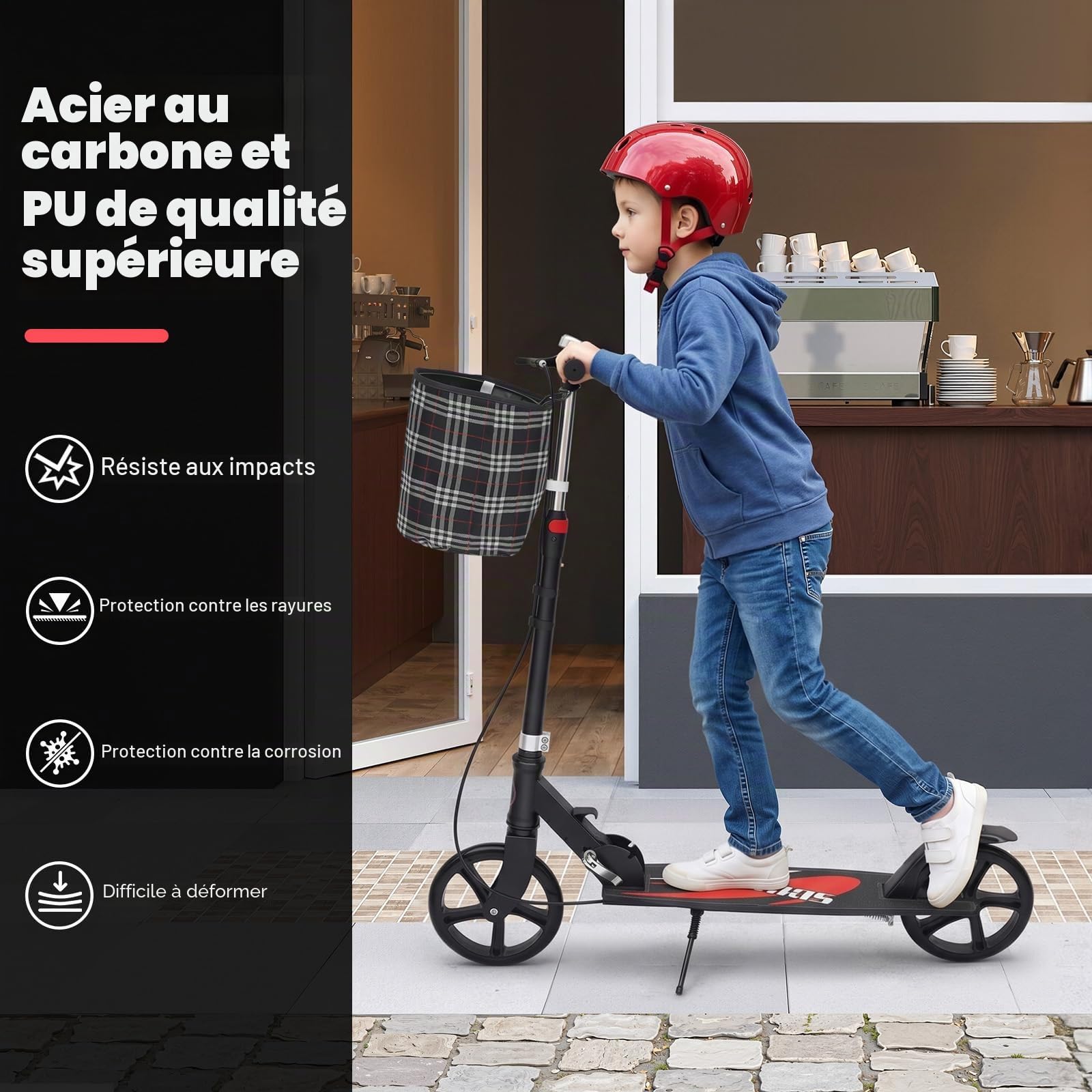 Trottinette pliable TAPMING avec frein à main et à pied, capacité de charge maximale 150 kg, avec panier, hauteur réglable, noir