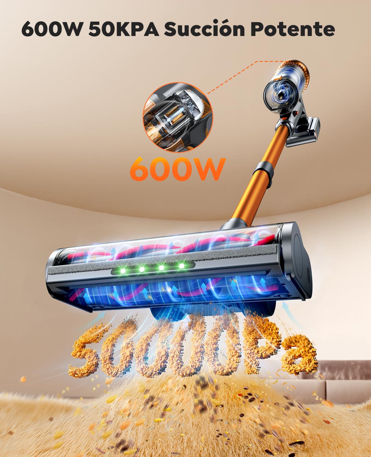 50KPA/600W Aspiradora sin Cable Potente, 65Min(ECO) Aspirador Escoba Vertical con Modo Automático, Cepillo Anti-Enredo, Manguera de 1M y Luz LED, Ideal para Pelo de Mascotas, Alfombras y Coche