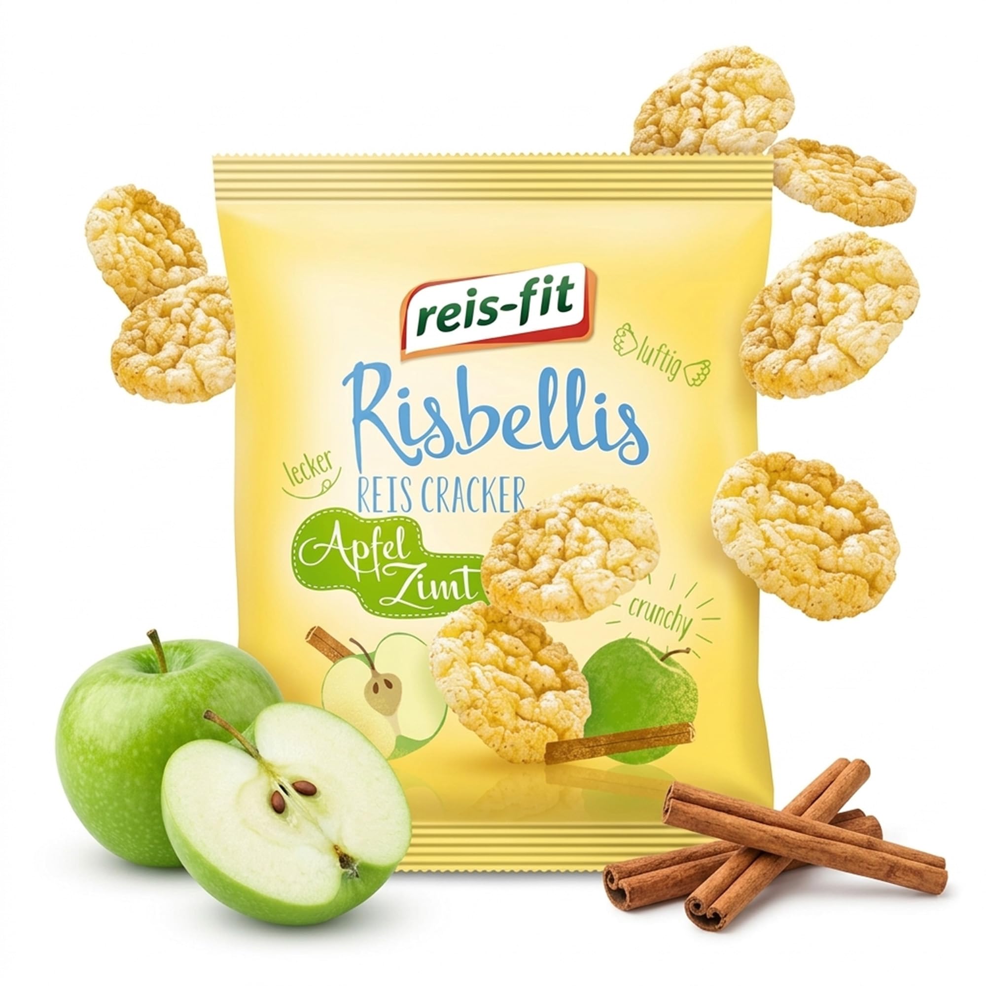 EKERA – reis-fit Risbellis Apfel Zimt – 16 Packungen knusprige Reiscracker | Süß & herzhaft | leichte Reiswaffeln als Snack für unterwegs, Büro & zu Hause | Reis Cracker fettarm