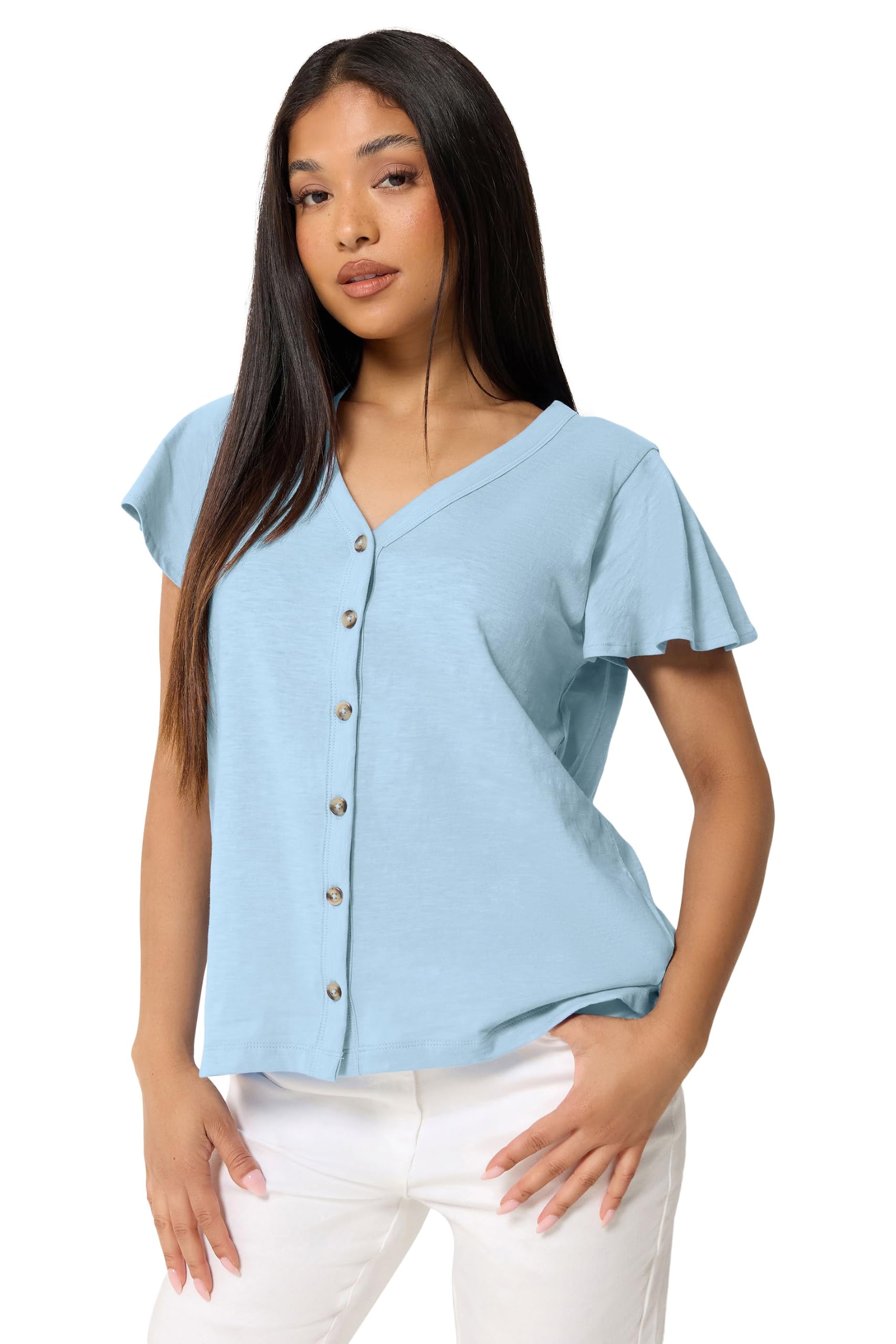 M&Co Women's Blue Petite Cotton Frill Sleeve Blouse
